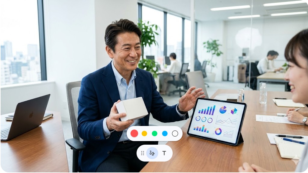 クリーンで明るいオフィスで、新商品の企画案を手に取り微笑む誠実な印象の日本人男性プロデューサー。デスクにはデータが表示されたタブレットがあり、プロフェッショナルな実業家の側面を強調している。