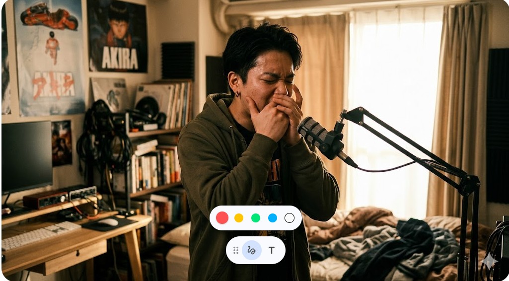 質素なアパートの室内で、マイクに向かい情熱的にヒューマンビートボックスをパフォーマンスする若い日本人男性。窓からの柔らかい光がDetermined(決意)な雰囲気を演出している。