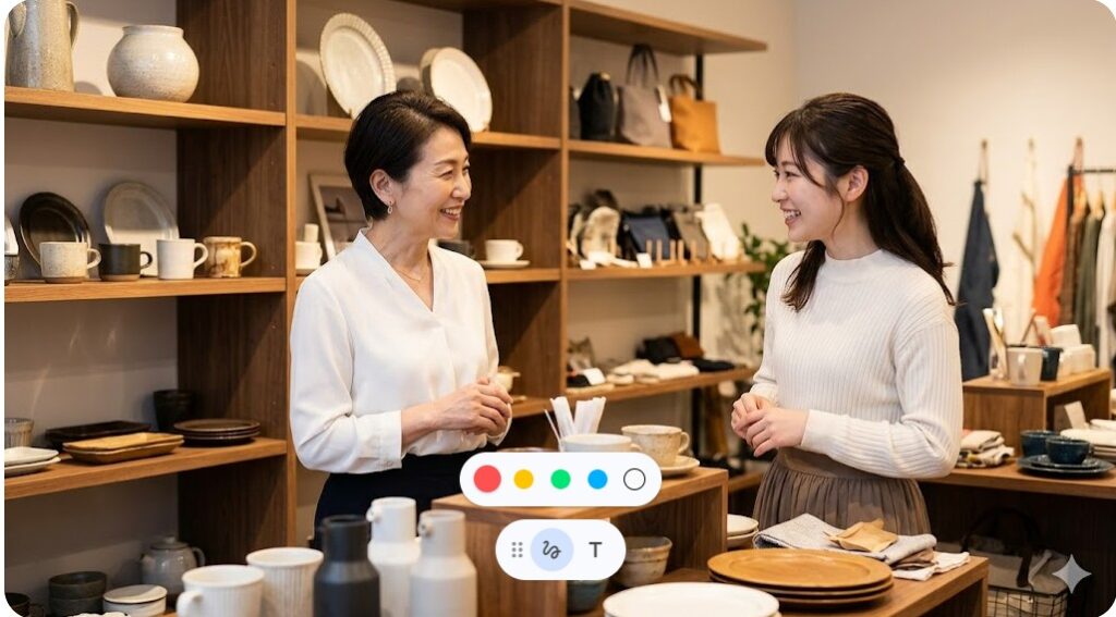 モダンな雑貨店「ZOO」の店内。和食器やファッションアイテムが並ぶ棚の前で笑顔で話す女性経営者とお客。