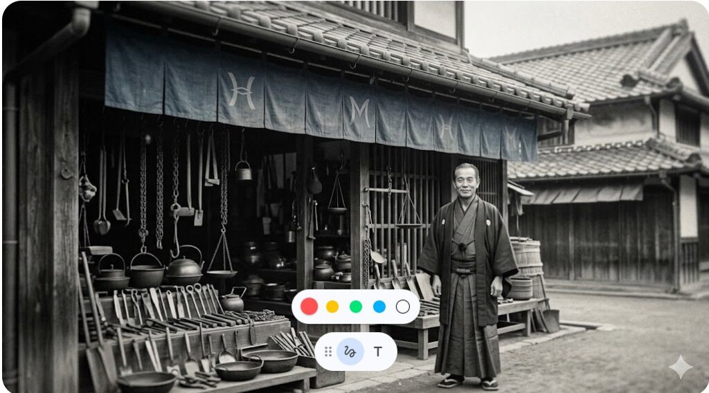 モノクロで描かれた古い木造の金物店の店頭。様々な金属道具が並び、和服姿の創業者が立っている。のれんには「広末」の文字。