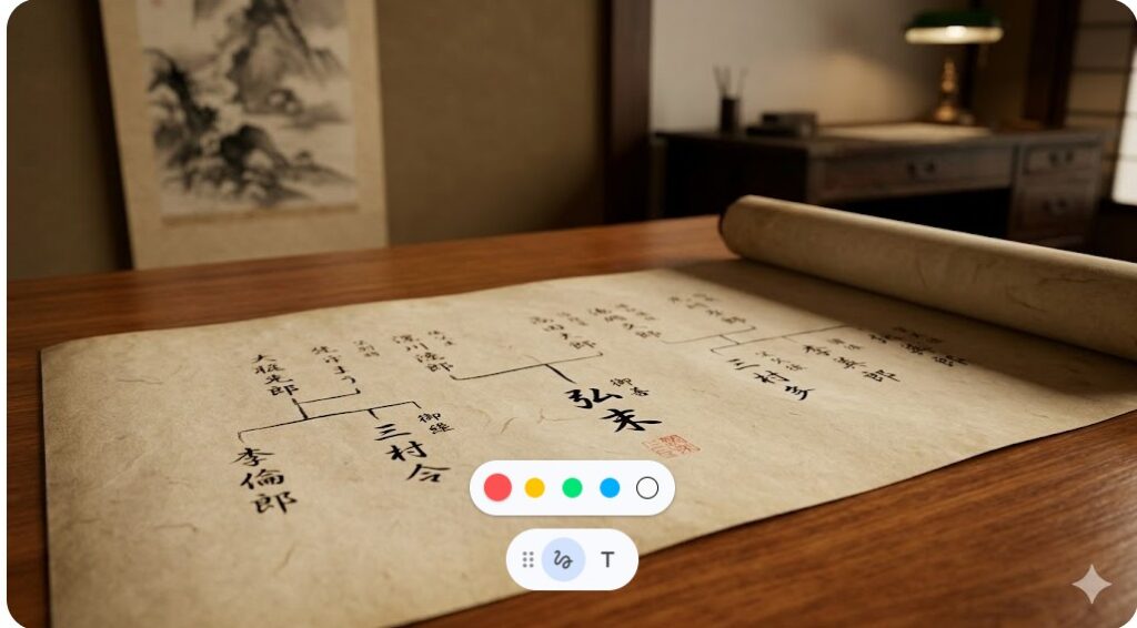 日本の伝統的な書斎の机に広げられた和紙の家系図。筆文字で親族の名前や系統が書かれている。