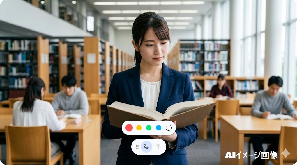 図書館で大きな本を広げて熱心に読み耽る知的な日本人女性