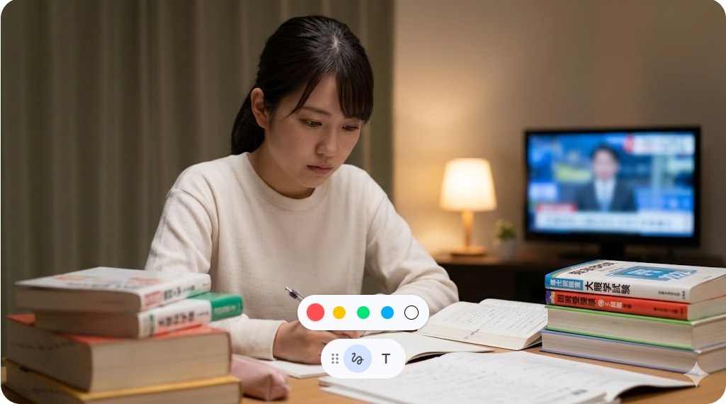 夜遅くまで参考書を積み上げ、難関大合格を目指して勉強する女性