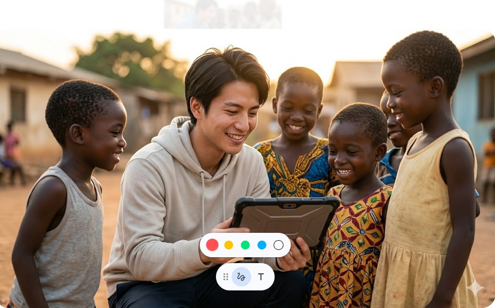 AIイメージ画像：ガーナの子供たちにタブレット端末を教える問田一誠さん