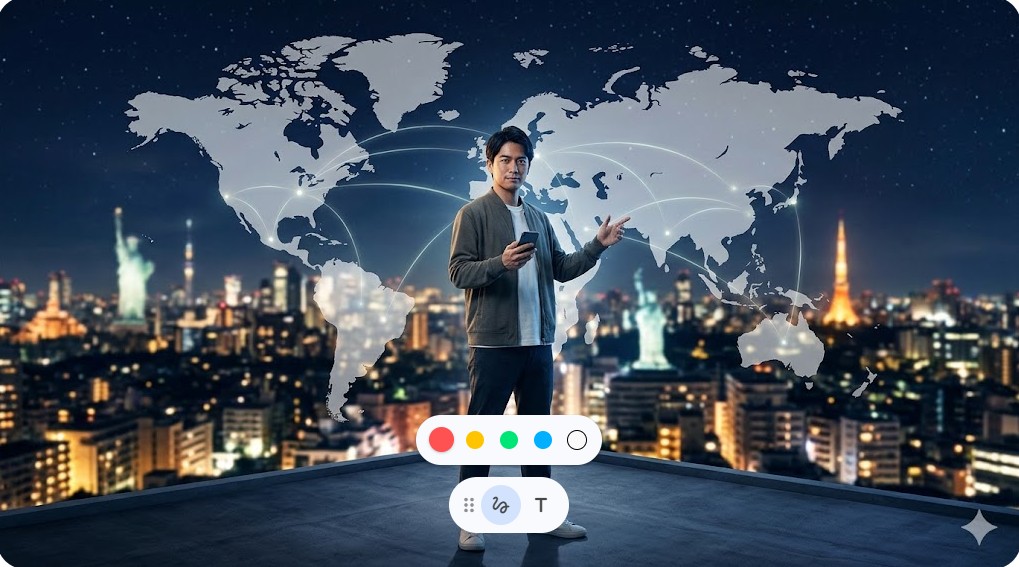 夜景をバックに世界中とネットワークで繋がる日本人クリエイターの姿