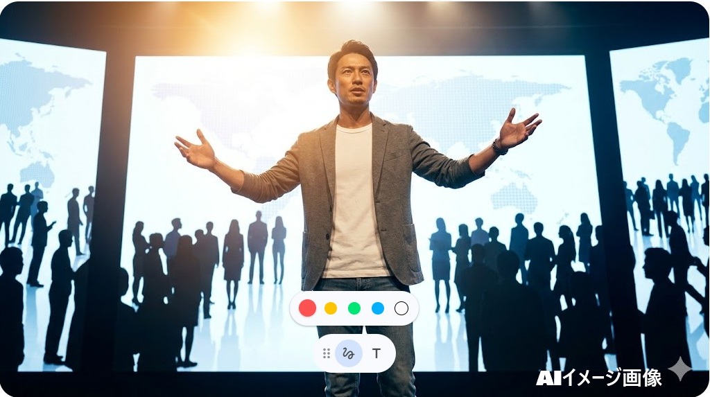 世界地図を背景にステージで両手を広げる日本人トップYouTuberのイメージ