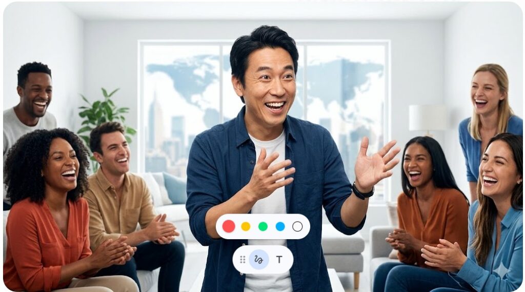 言葉の壁を越えて多国籍の人々と笑い合う日本人男性のイメージ