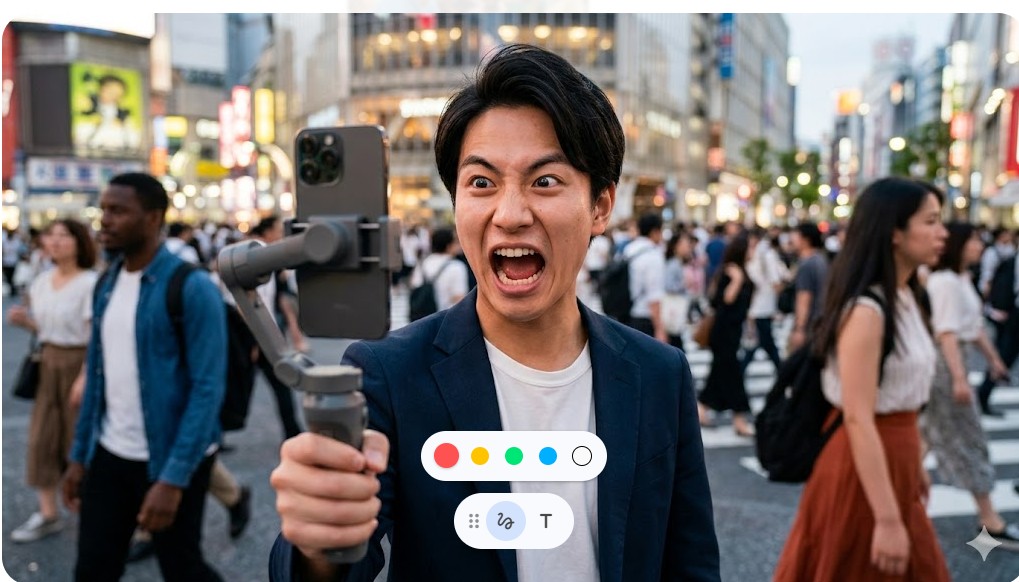 ジンバルに固定したスマートフォンを手に、世界中の群衆の中で「ノンバーバル」動画を撮影する問田一誠（ISSEI）さんのAIイメージ。