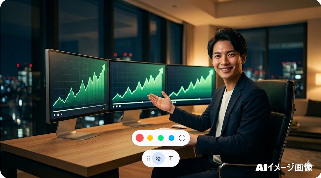 ISSEI（問田一誠）さんが3台のモニターに再生回数グラフを表示し、自身の収益構造と年収について解説しているAIイメージ。