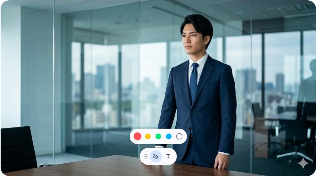 株式会社ISSEIの代表取締役として、スーツ姿でモダンな取締役会室に立つ問田一誠さんのAIイメージ。