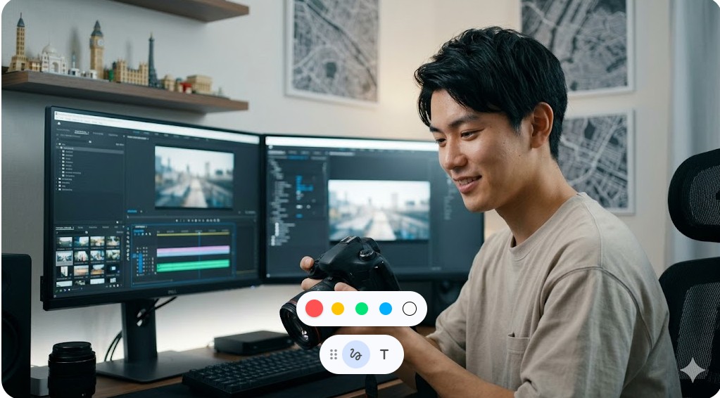 デュアルモニターの前でカメラを持ち動画編集に励む日本人クリエイターのイメージ