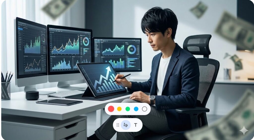 収益グラフが表示されたモニターに囲まれ作業する成功したクリエイターのイメージ