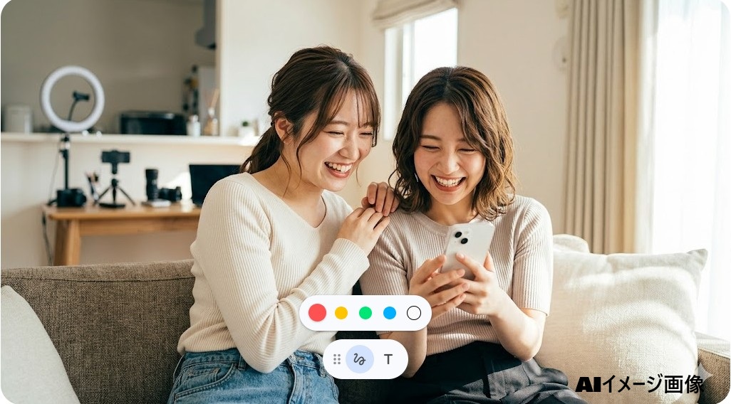 スマートフォンを一緒に見ながら楽しそうに笑う一生友子のユナさんとひなこさんのイメージ画像