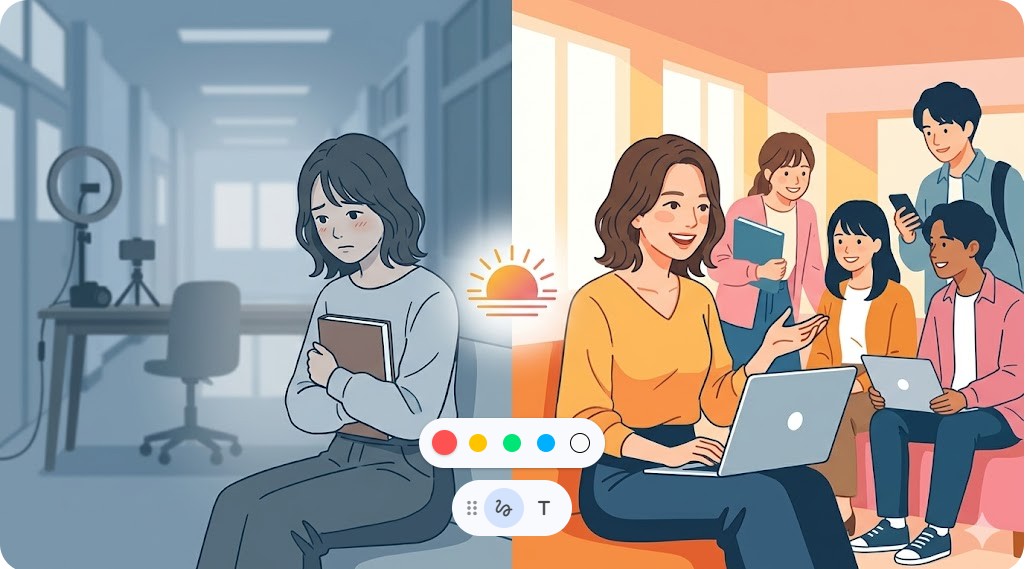 内向的だった過去から明るい人気者へと劇的に変化したひなこさんの対照的な姿を描いたイラスト