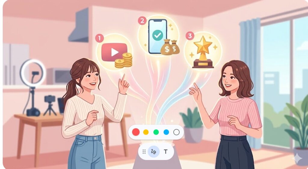 YouTube収益、企業案件、イベント出演など一生友子の主な収入源を表現したイラスト