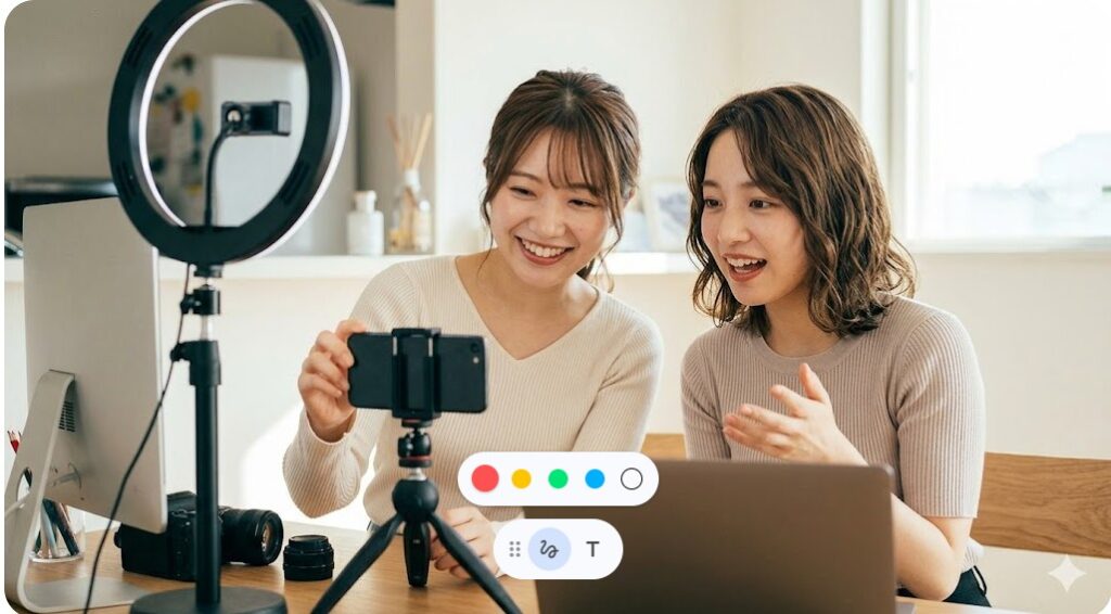 リングライトと三脚、パソコンを使って動画撮影や編集に励む一生友子の二人の様子