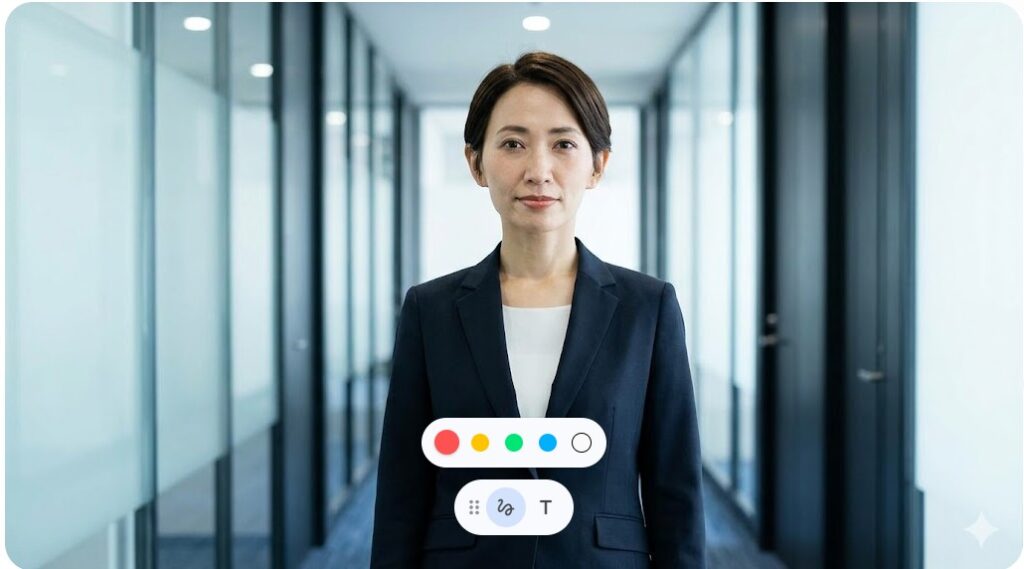 毅然とした表情でオフィスに立つ、ビジネススーツを着た日本人の年配女性経営者