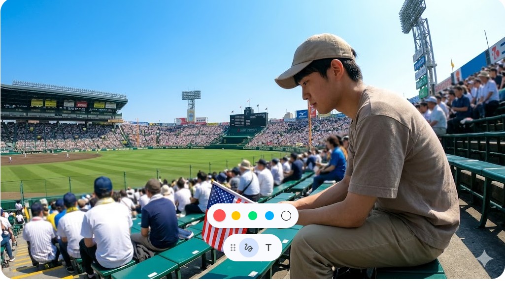 野球場（甲子園）のスタンド席で試合を観戦する日本人男性の横顔