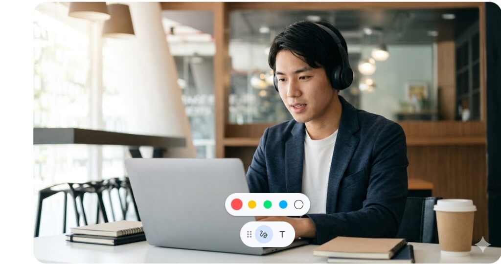 カフェでノートパソコンを使用しオンラインで英語を話す日本人男性