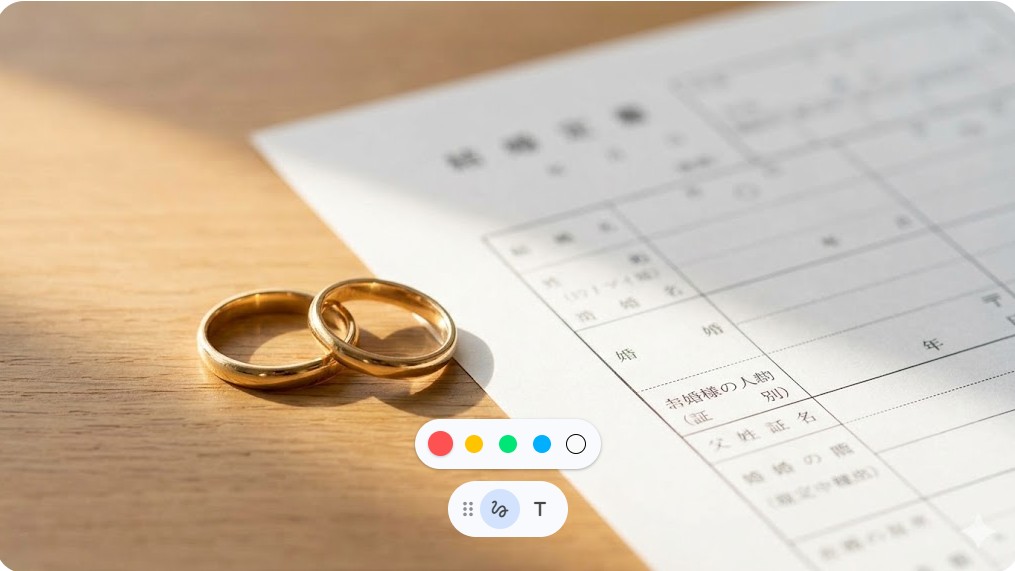 木目調のテーブルに置かれた婚姻届とペアの結婚指輪