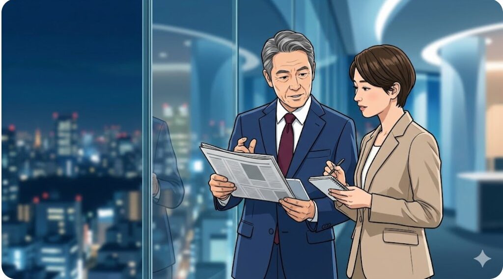 夜のビル内で新聞を片手にスタッフと打ち合わせ、最新の政治情報を精査する田崎史郎氏をイメージした男性。