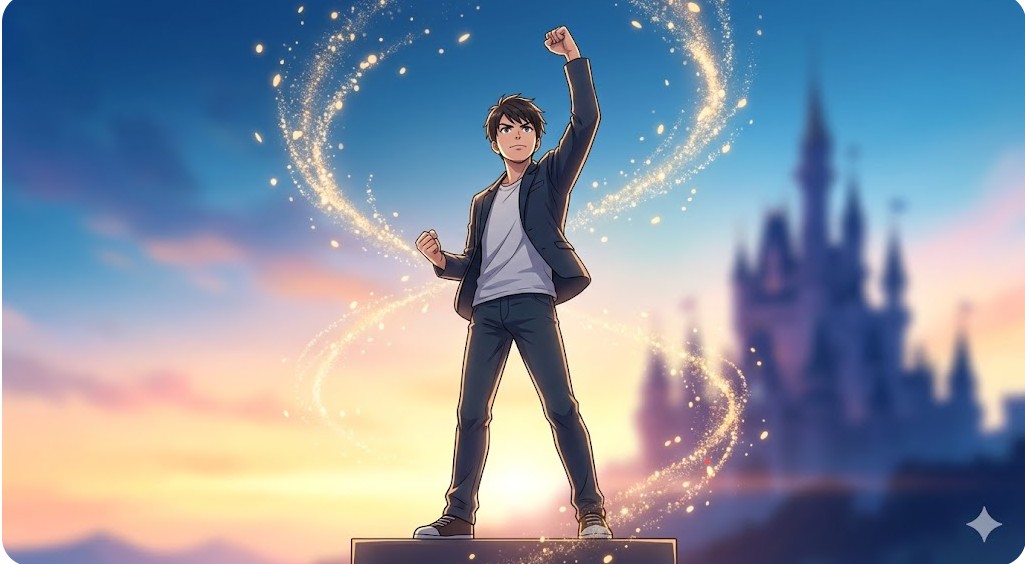 光り輝く道の上で拳を突き上げる日本人男性のイメージ画像。