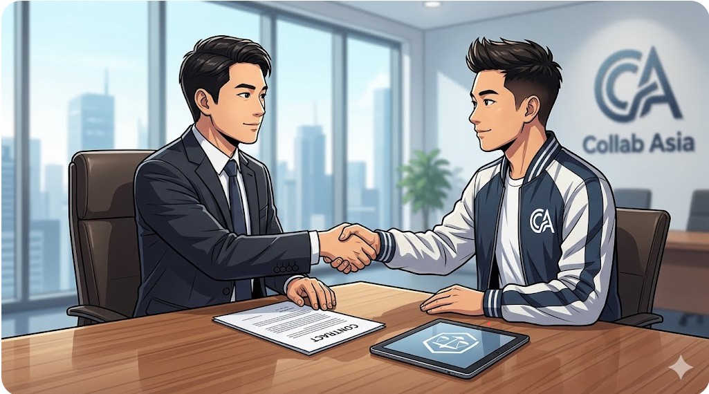 事務所で契約書を前に握手をする日本人男性二人のイメージ画像。