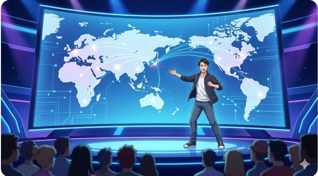 大画面の世界地図を前に観客へプレゼンする日本人男性のイメージ画像。