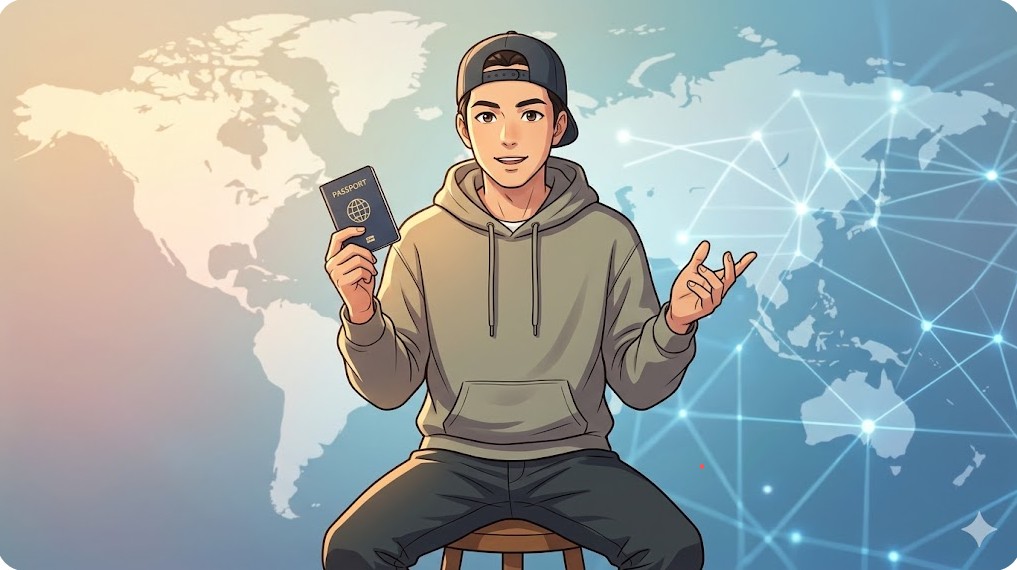 世界地図を背景にパスポートを持つ日本人男性のイメージ画像。