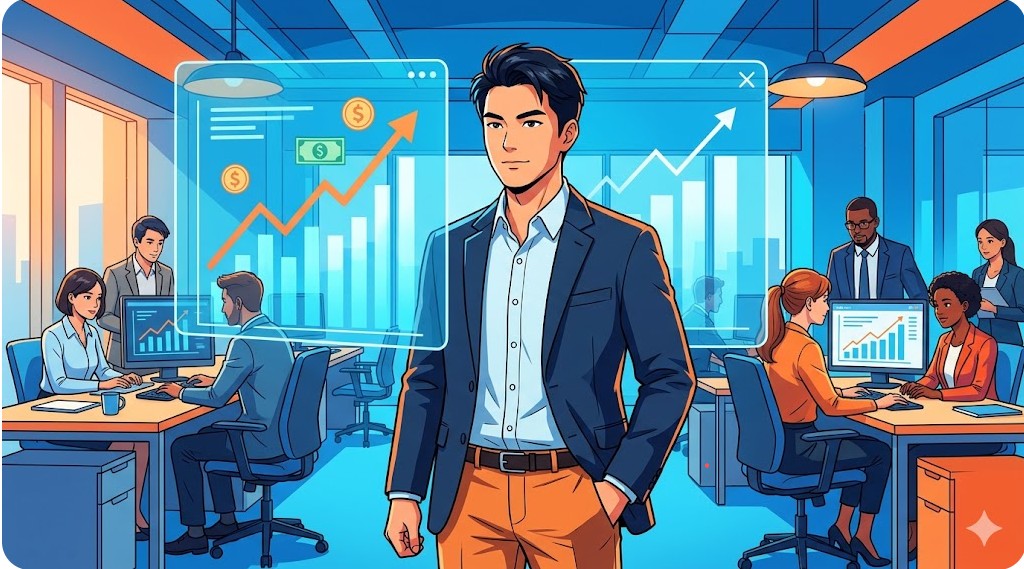 収益グラフとビジネスパーソンが並ぶイメージ画像。