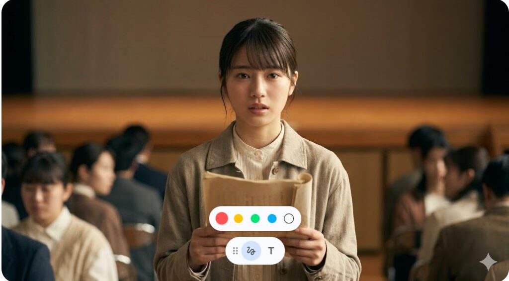 朝ドラ「風、薫る」の劇中シーンをイメージした、明治・大正期の衣装に身を包み、凛とした表情で前を見つめる日本人女優のカット。