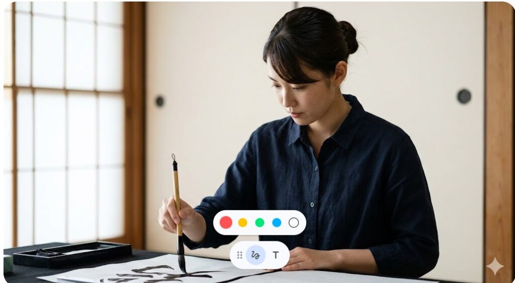書道八段の実力を持つ上坂樹里をイメージした、和室で真剣な表情で筆を運ぶ日本人女性のカット。