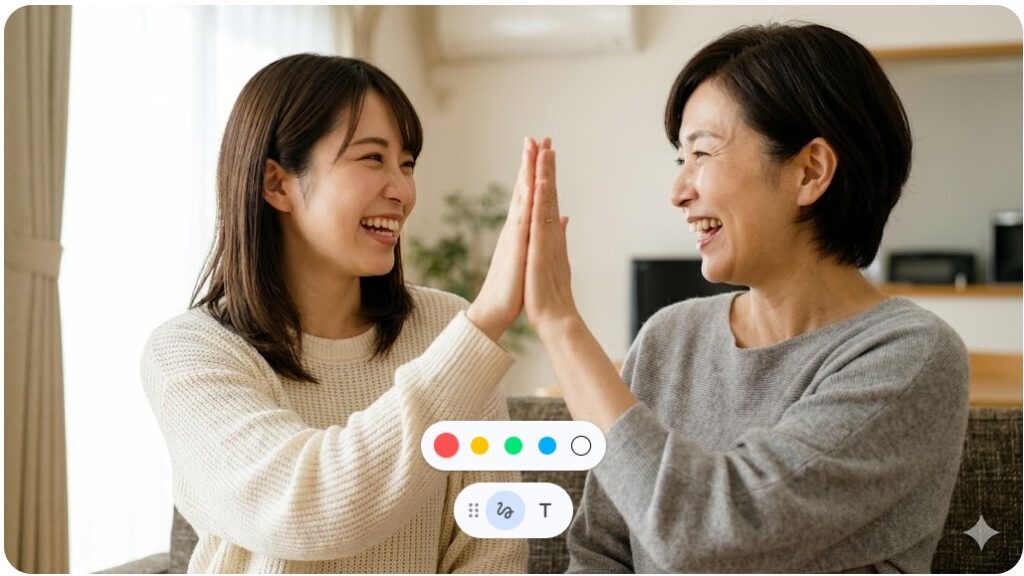 JR SKISKIヒロイン決定時に、母親とハイタッチをして喜びを分かち合うシーンをイメージした温かい家庭の風景。