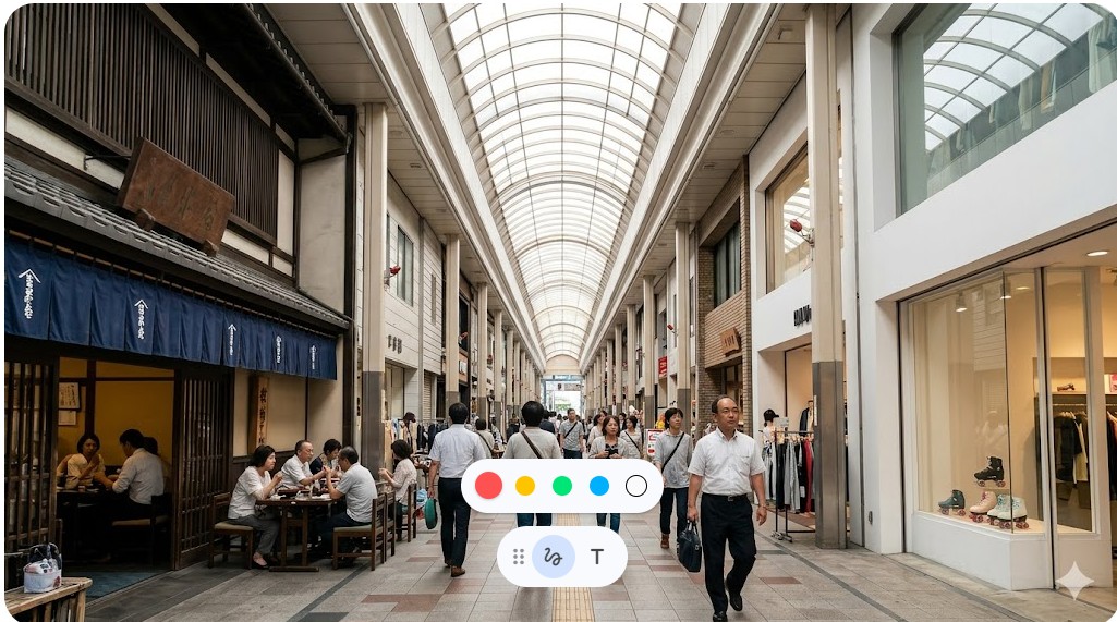 AIイメージ画像：瓦屋根の町並みとモダンなビルが並ぶ高知市中心部の鳥瞰。