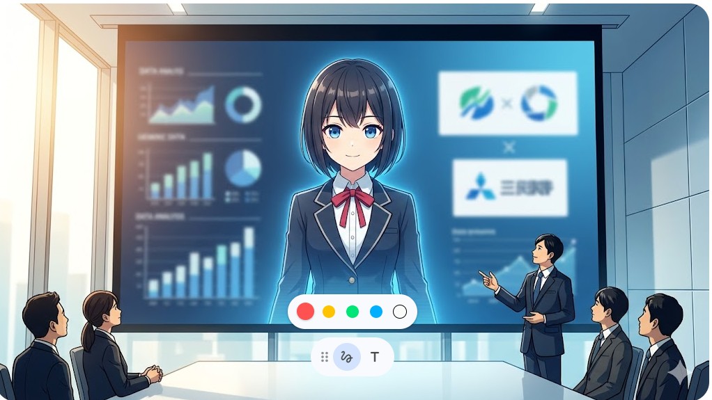 企業の会議室でホログラムとしてプレゼンされるVTuberと、それを見つめるビジネスマンのイメージ