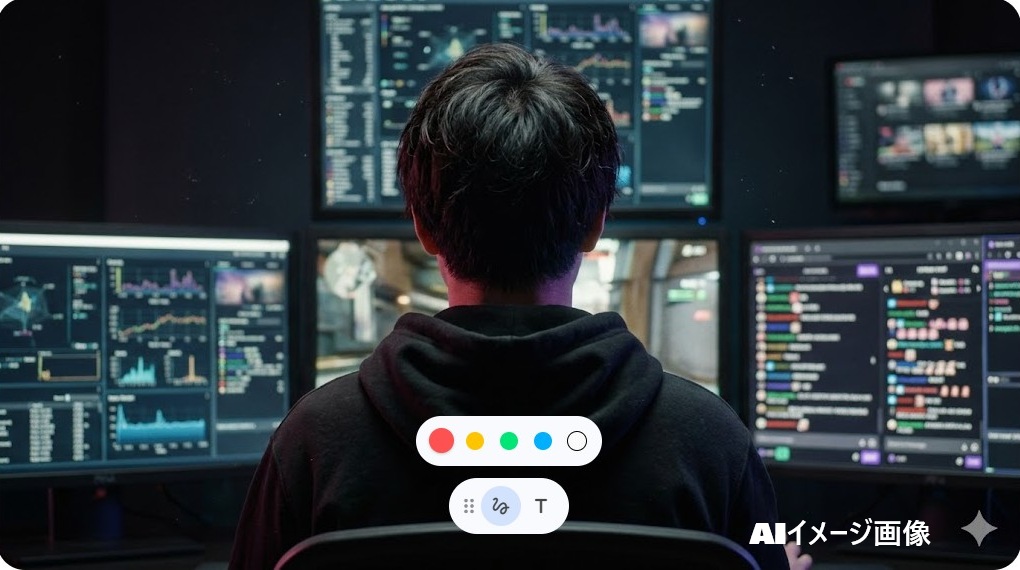 複数のモニターに囲まれゲーム配信に集中する男性ゲーマーの後ろ姿