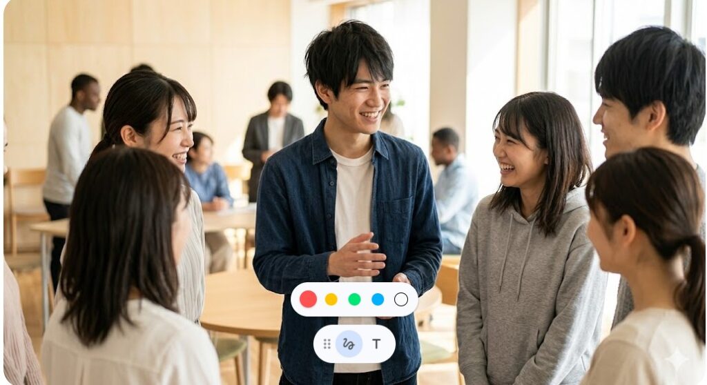 仲間たちに囲まれ笑顔で談笑する誠実な印象の男性