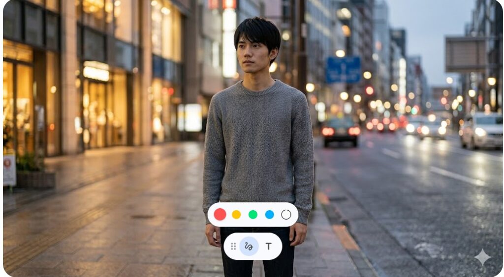 夜の街並みを背景に立つ、端正な顔立ちの若い日本人男性