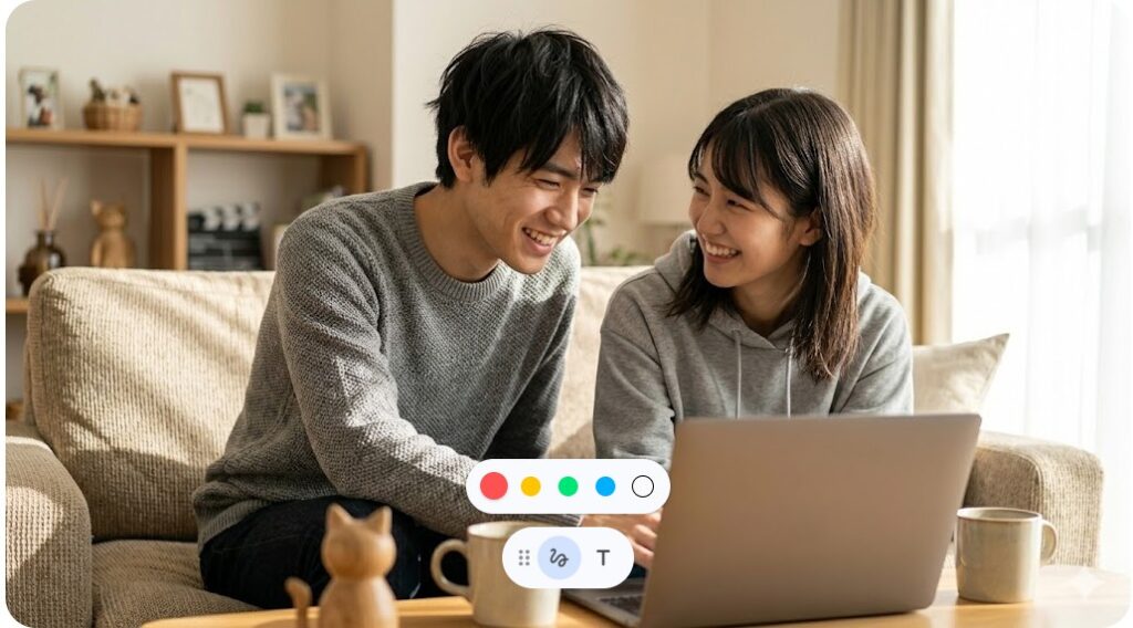 リビングのソファで仲睦まじくノートPCを眺める男女のカップル