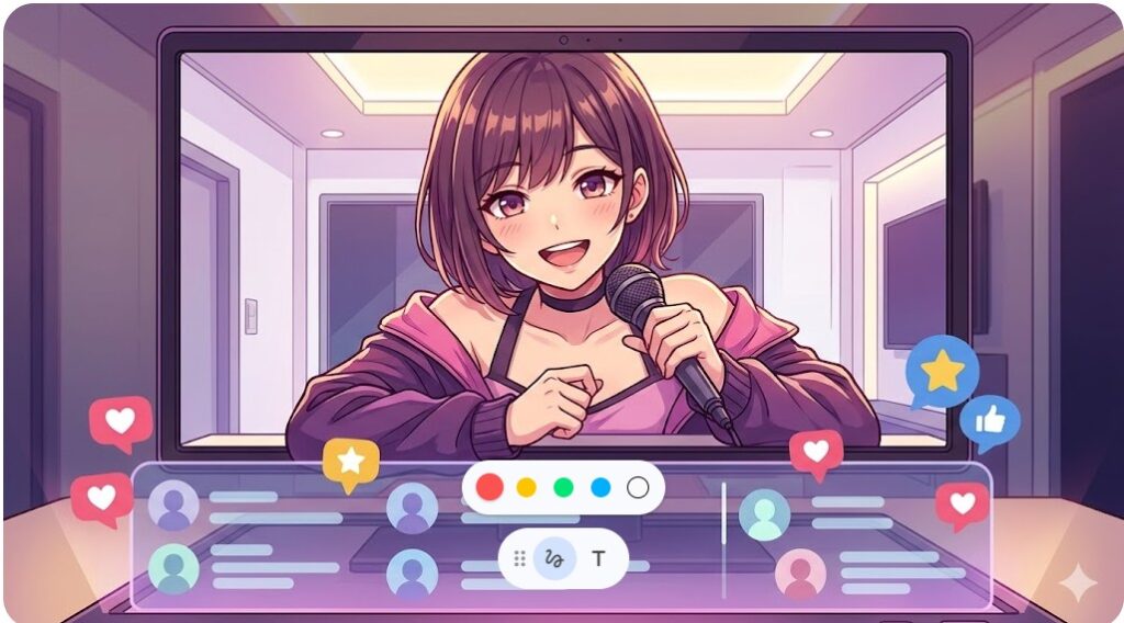 笑顔でマイクを持ち、ファンと親密なコミュニケーションをとるVTuberの配信イメージ