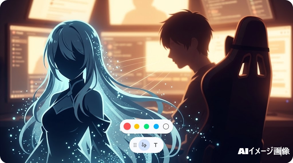 VTuberのアバターの背後に配信者のシルエットが重なる、中の人（魂）をイメージしたサイバーなイラスト