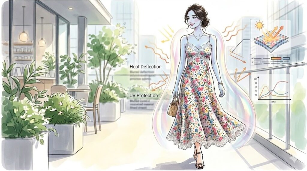 太陽光を反射し衣服内の温度上昇を抑える高機能素材LUMISHADEの機能イメージ図