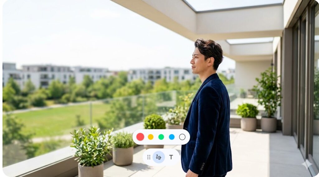 豪華なマンションのテラスから外を眺める日本人男性のイメージ画像