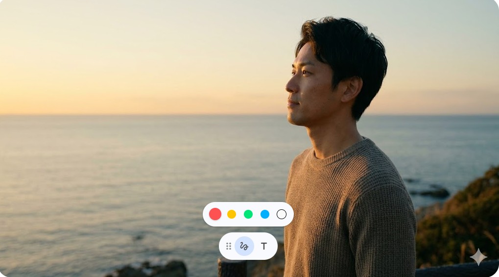 海辺で日の出を眺めながら決意を固める表情の日本人男性