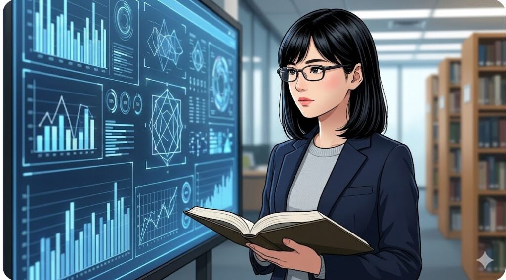 データパネルの前で本を読み、高度な分析を行う知的な日本人女性