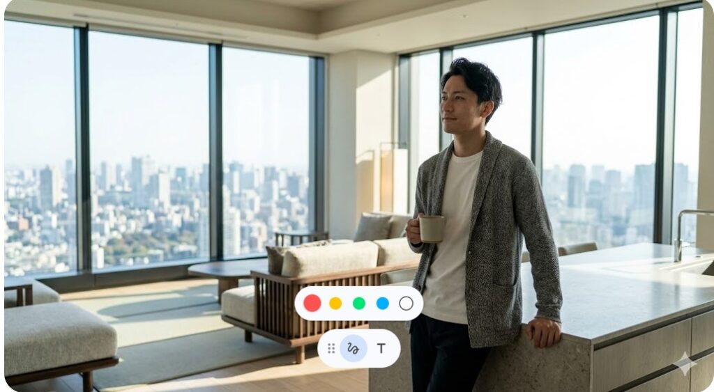 都会の景色が見える広々としたリビングでくつろぐ日本人男性のイメージ画像