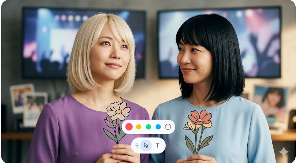 イラストの花を手に持ち、穏やかな表情で遠くを見つめる金髪と黒髪の女性