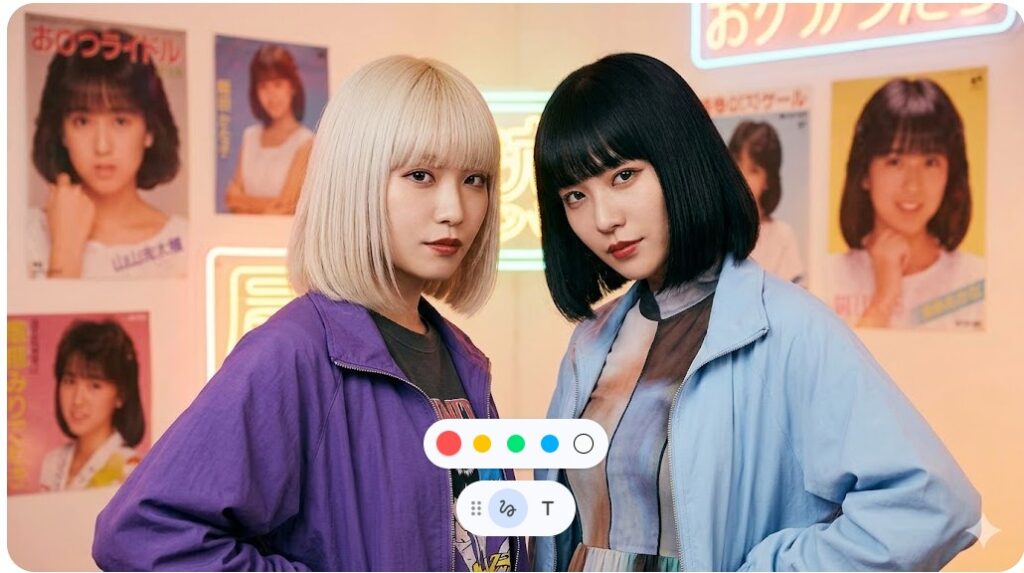 レトロなアイドルのポスターが貼られた壁を背景にした金髪と黒髪の女性のアップ