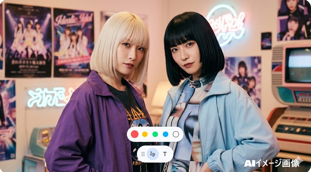 ネオン看板やポスターに囲まれた部屋で並び立つ金髪ボブと黒髪ボブの女性二人