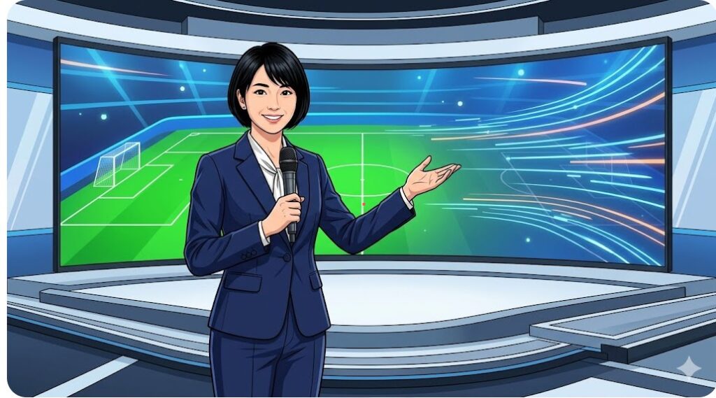 サッカースタジアムを背景にマイクを持って微笑む日本人女性キャスター